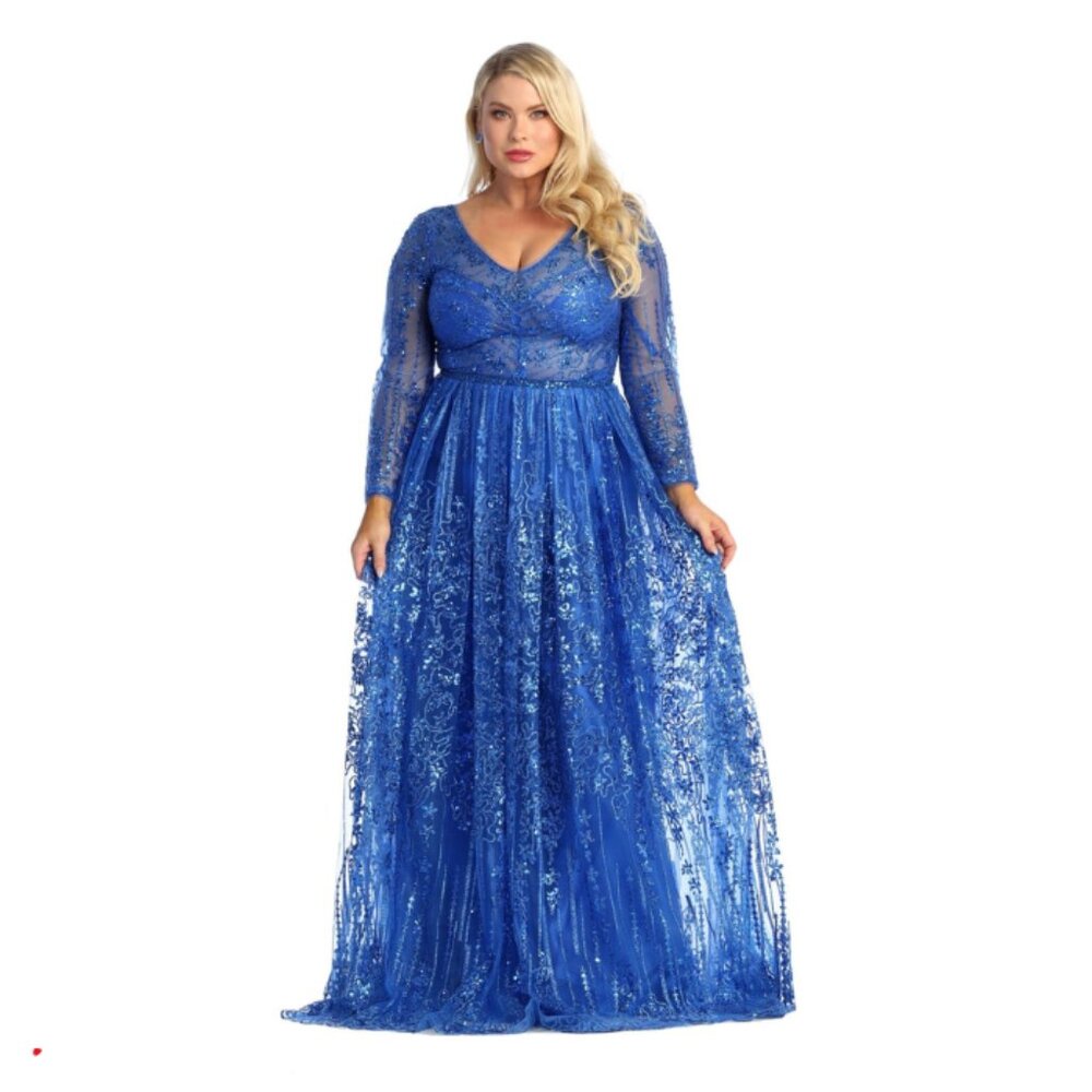 Royal Blue Prom Long V-Neck Long Sleeves A-Line Dress By Royal Queen RQ7920